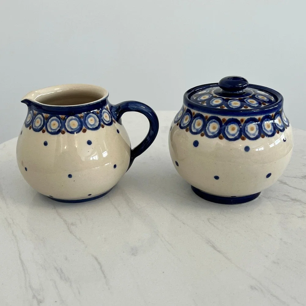 Vtg German‎ Pottery Creamer Pitcher Sugar Bowl Polish Pottery Style Hand Painted